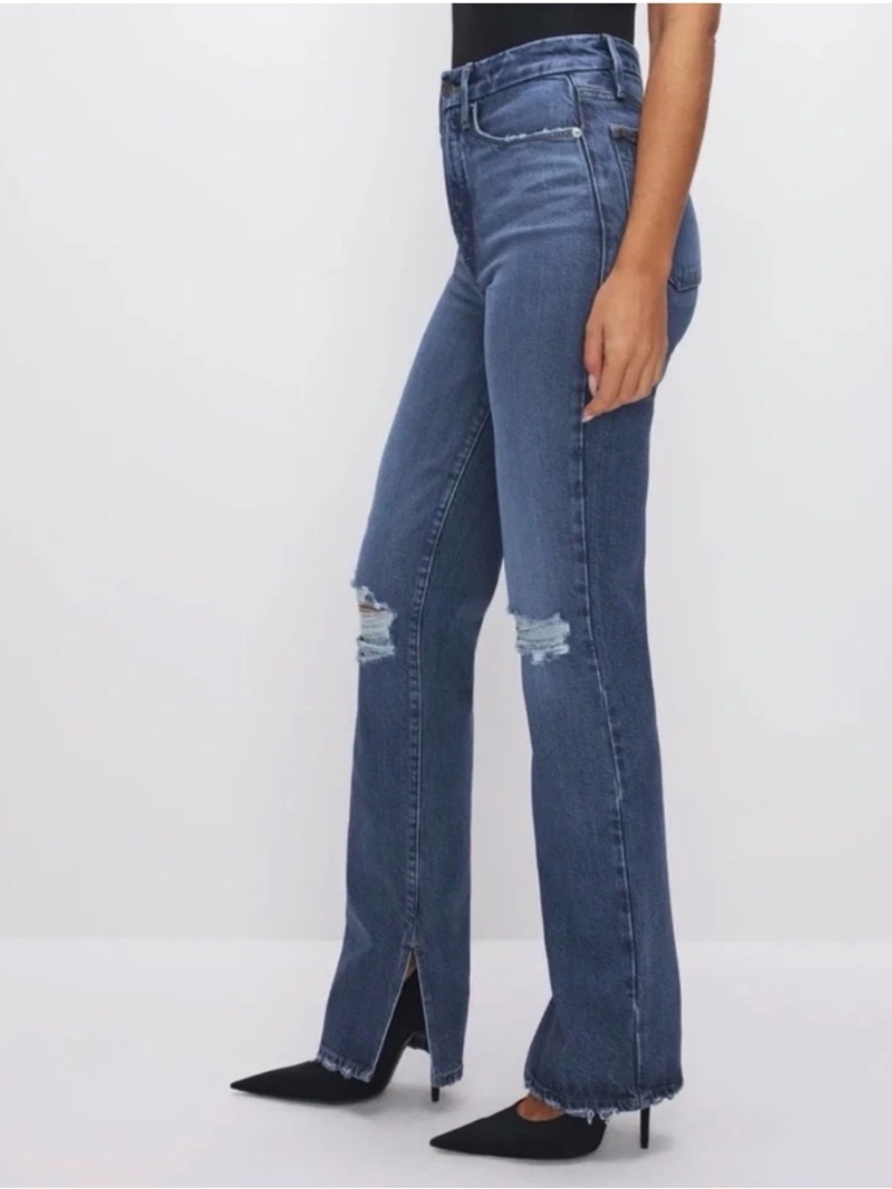 Good American Women's Straight Leg Distressed Blue Jeans EUC